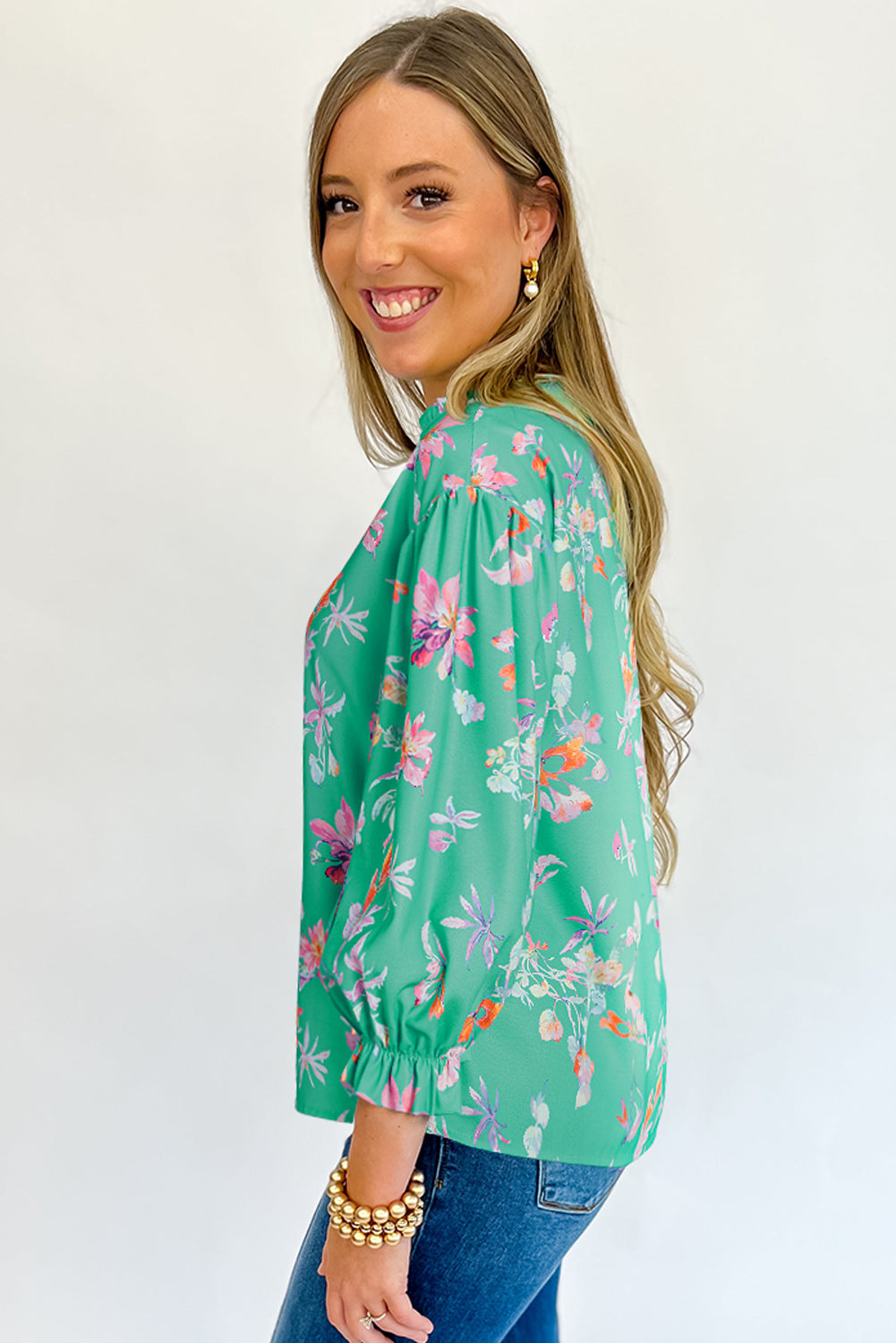 Green Floral Lantern Sleeve Button Front Shirt