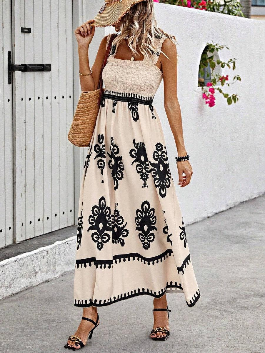 Apricot Boho Print Smocked Ruffle Sleeveless Maxi Dress