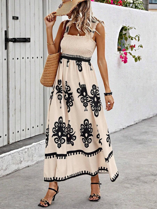 Apricot Boho Print Smocked Ruffle Sleeveless Maxi Dress
