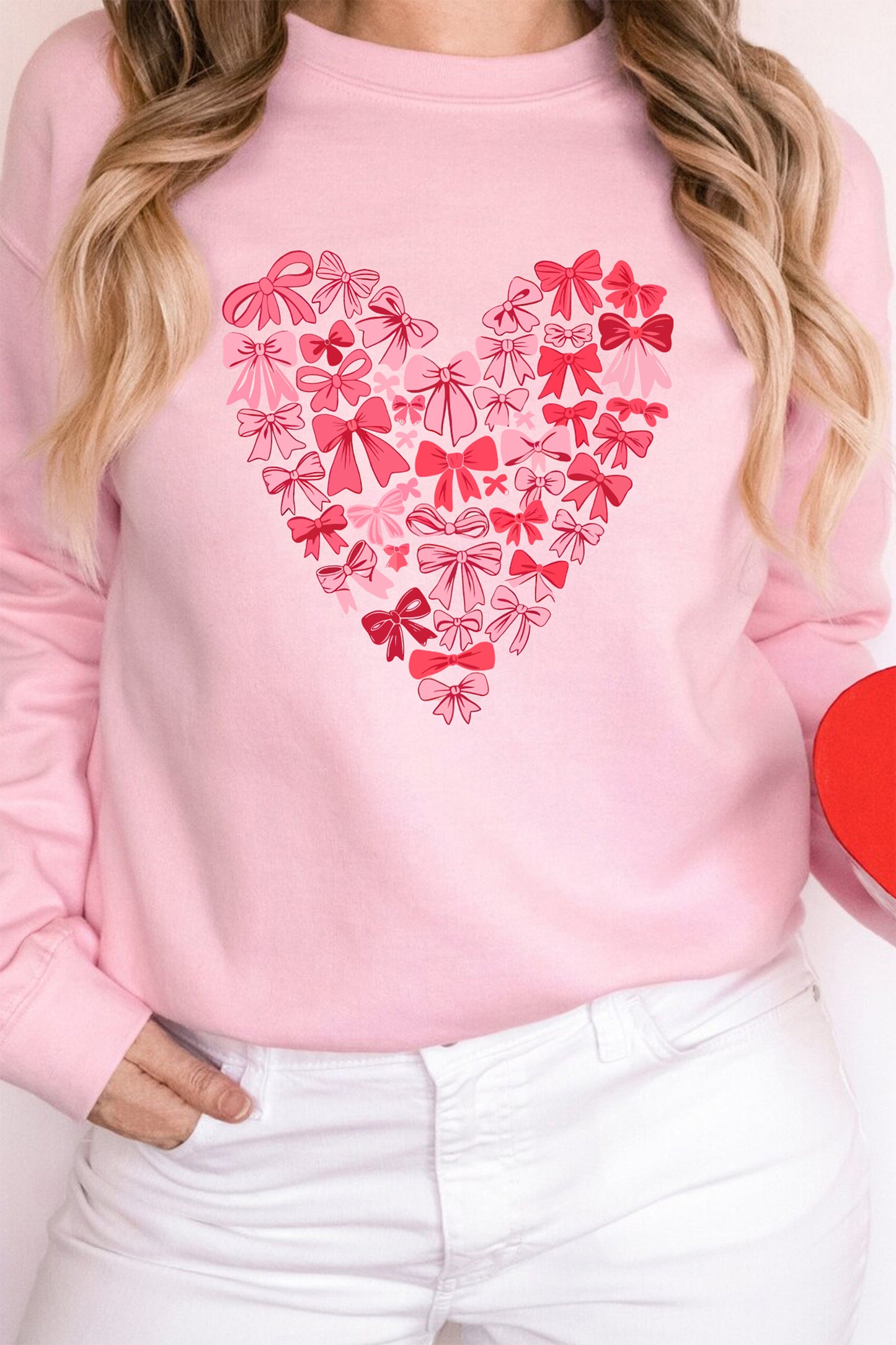 Pink Bow Printed Big Heart Valentines Day Pullover Sweatshirt