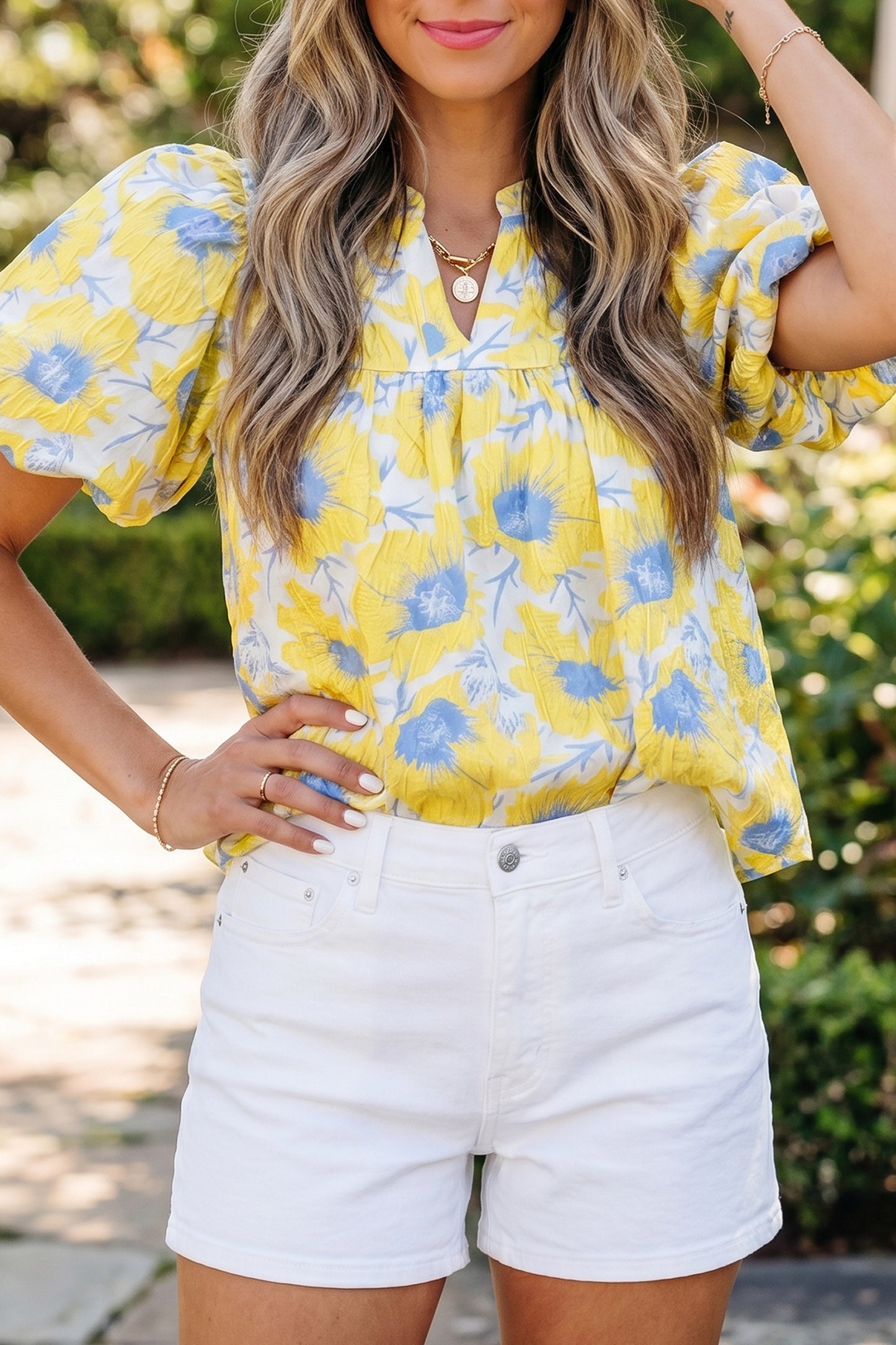 Green Short Bubble Sleeve Summer Floral Blouse