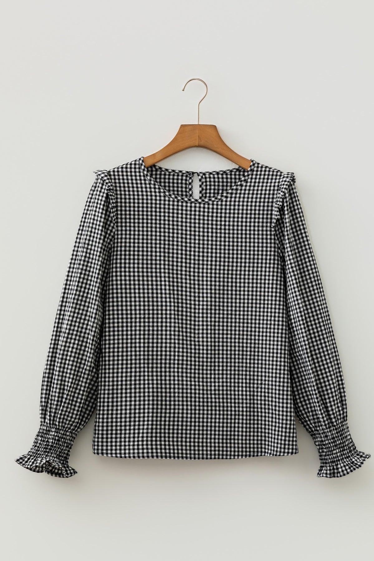 Black Plaid Shirred Cuff Long Sleeve Round Neck Blouse