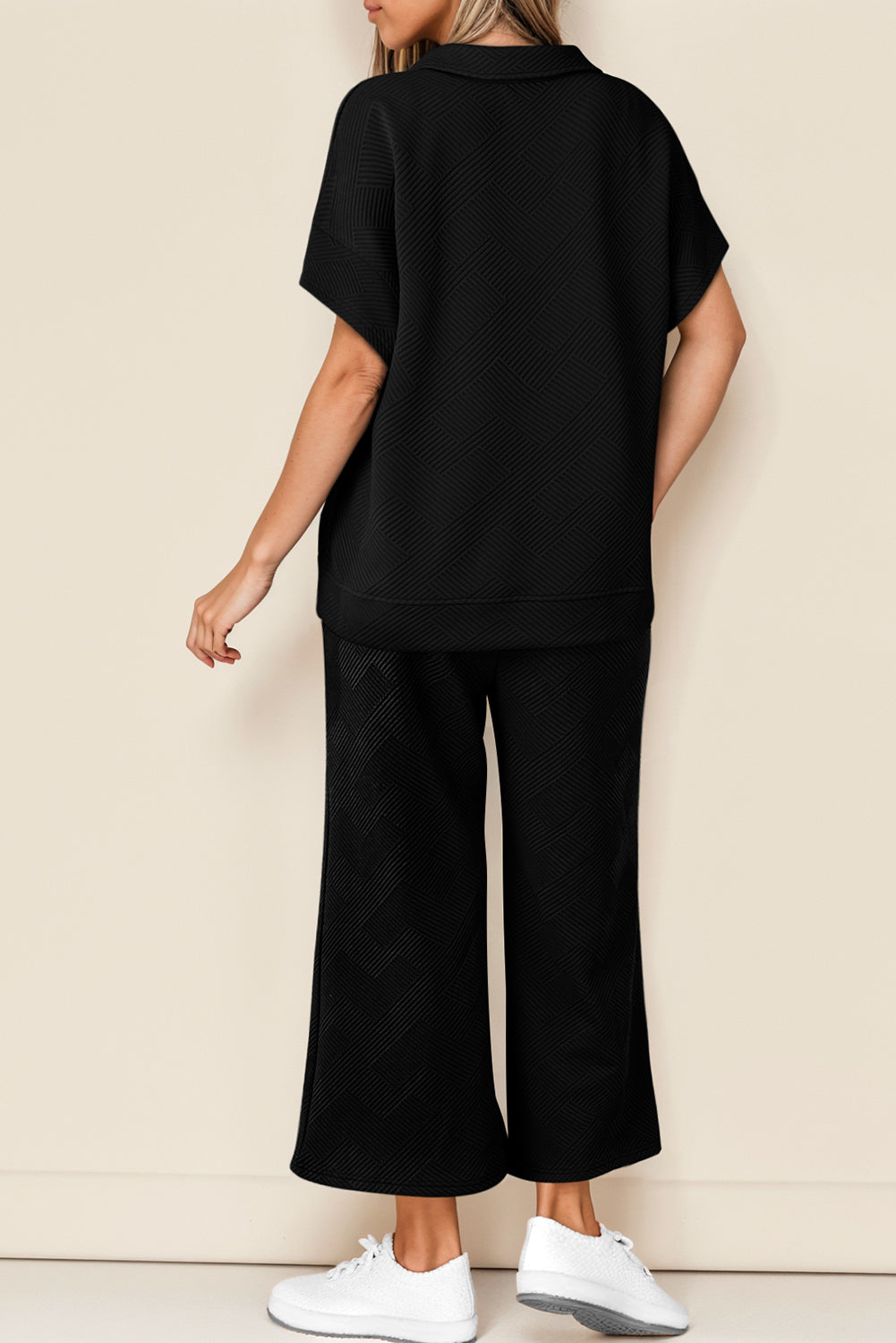 Navy Blue Stylish Textured Loose Fit T Shirt and Drawstring Pants Set