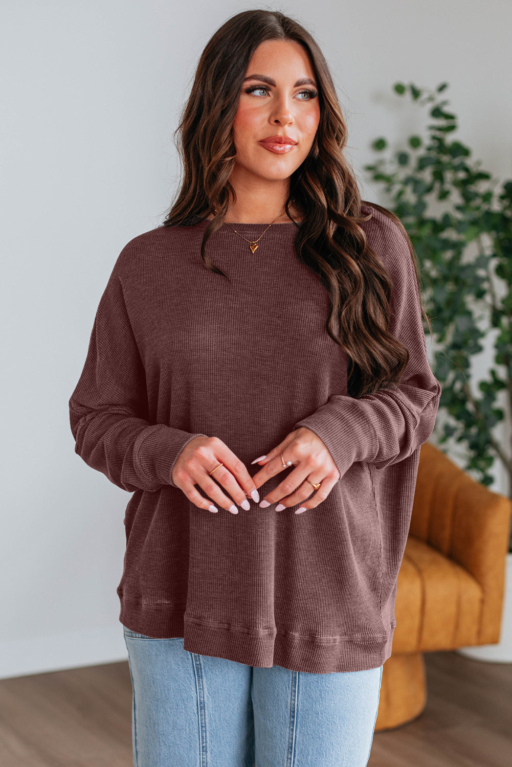 Dark Brown Ribbed Plain Long Sleeve Loose Top