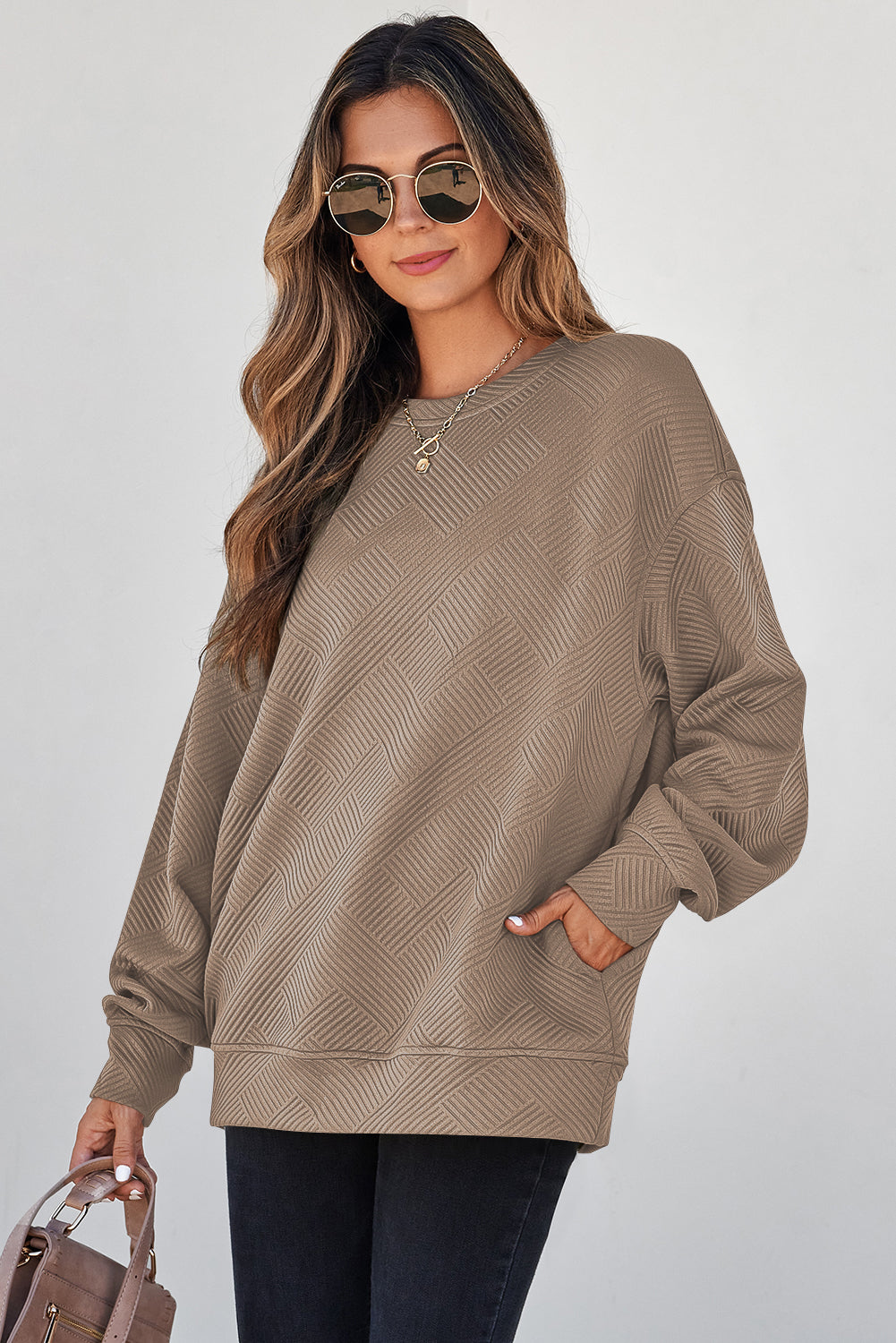 Jungle Green Solid Color Textured Round Neck Drop Shoulder Pullover Sweatshirt