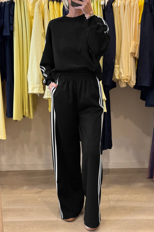 Black Varsity Striped Detail Cropped Pullover Wide Leg Pants 2pcs Outfit