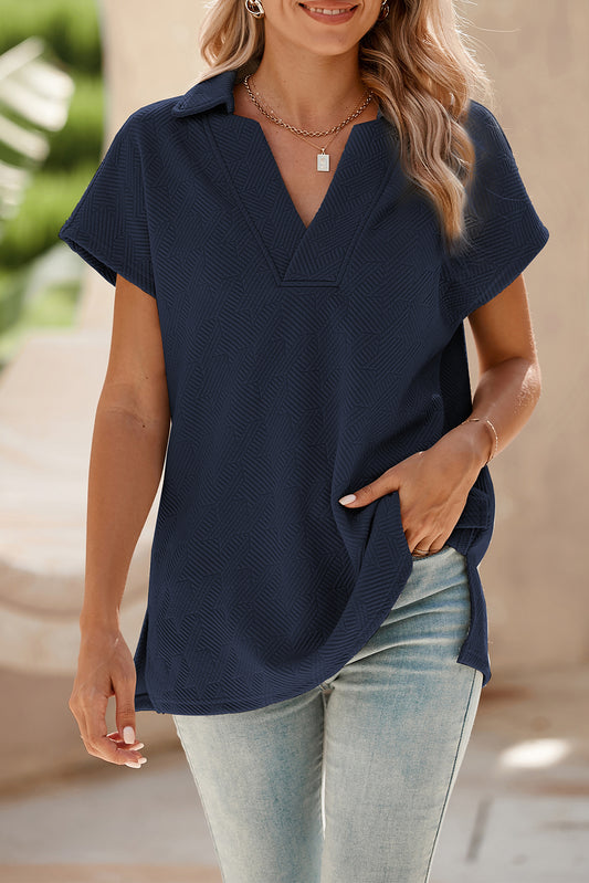 Navy Blue Textured V Neck Collared Slit Hem T Shirt