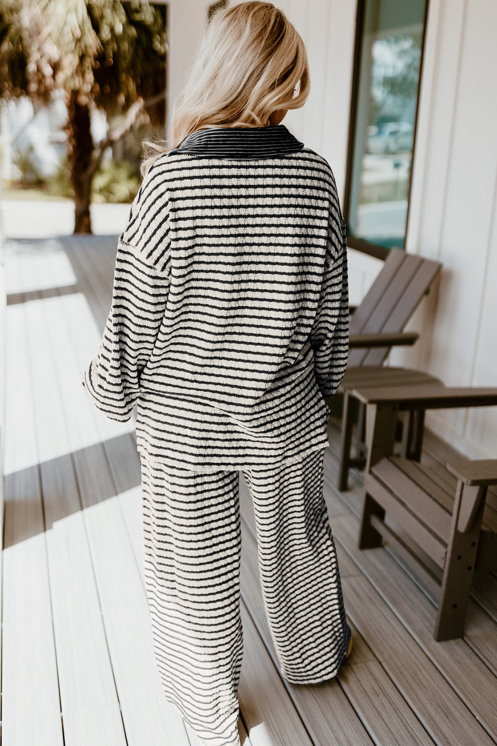 White Stripe Textured Collared Pullover Top and Drawstring Pants Set