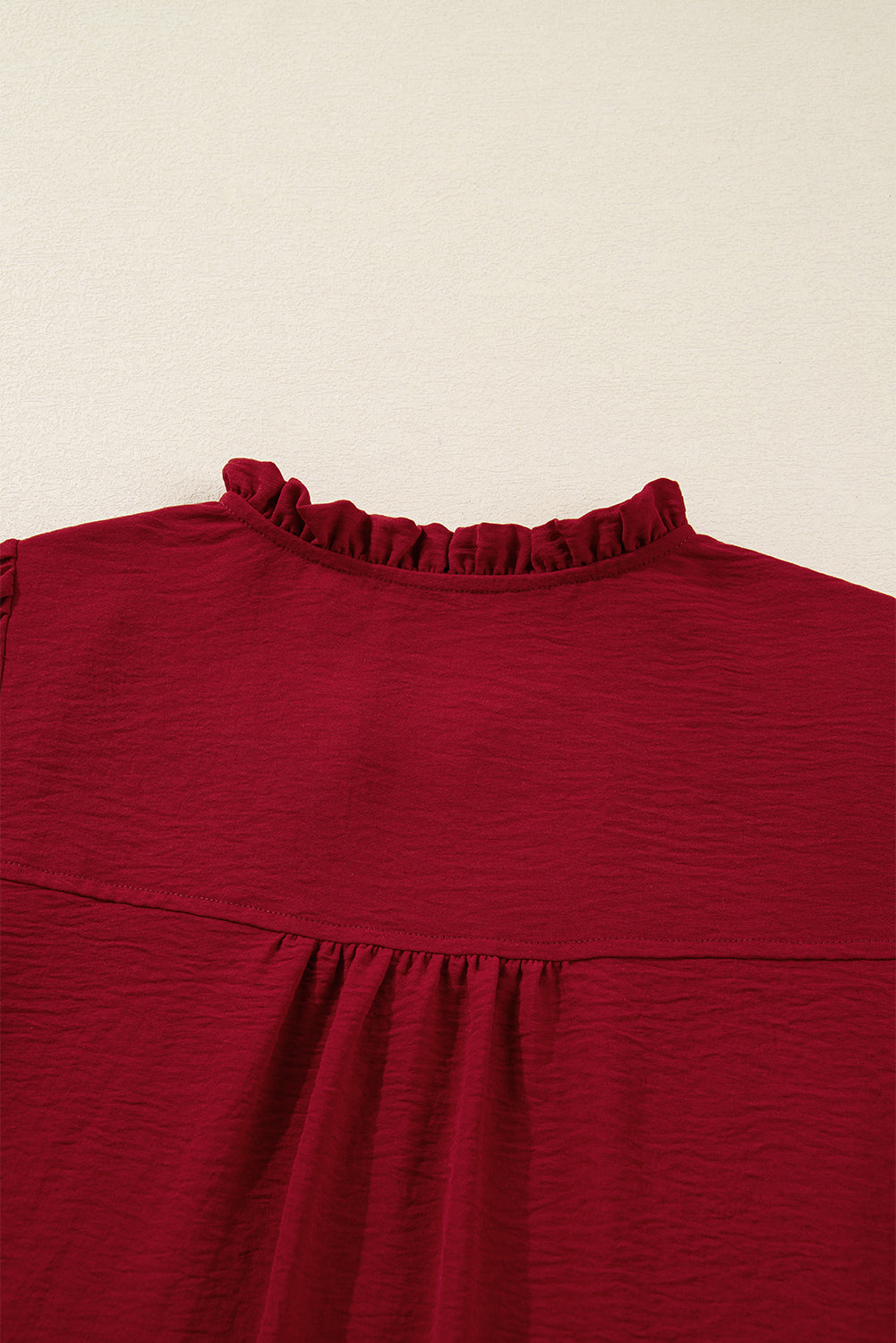 Burgundy Notched Neck Shirred Cuffs Long Sleeve Blouse