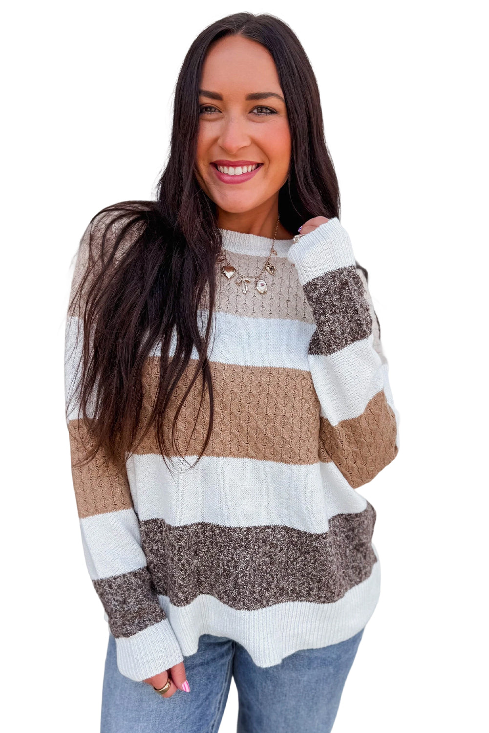 Brown Mixed Texture Knit Striped Colorblock Loose Sweater