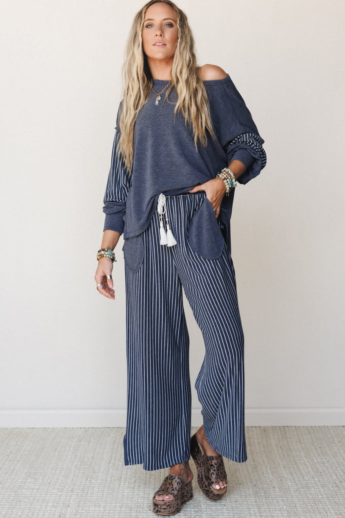 Fushia Raw Seam Patchwork Long Sleeve Top Pocket Casual Pants 2pcs Set