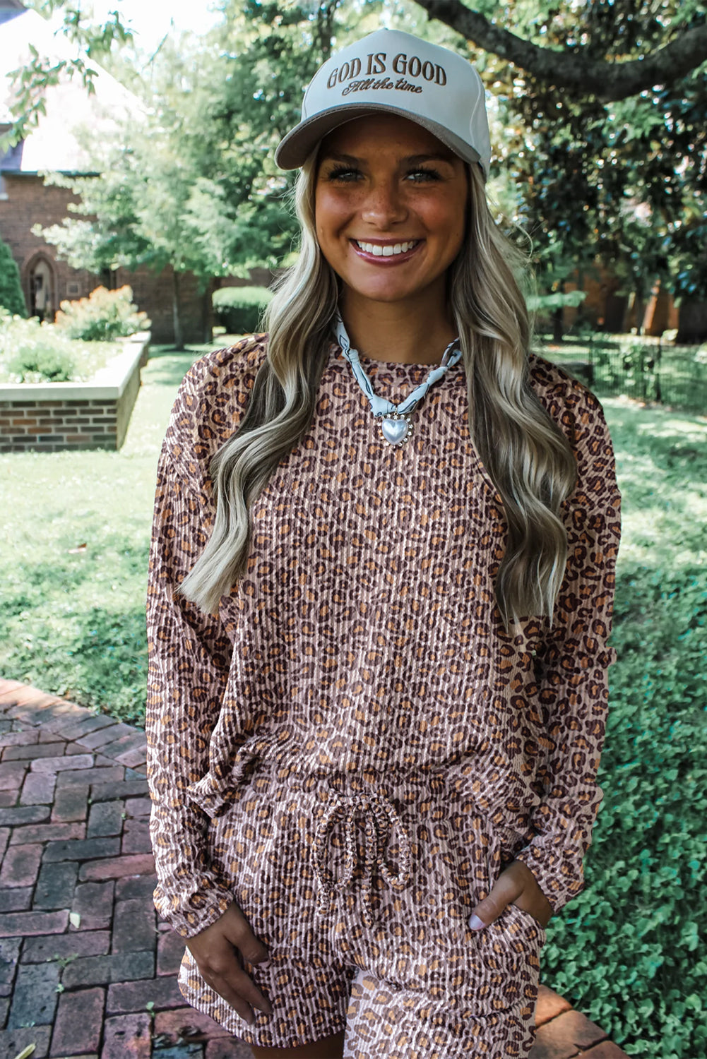 Khaki Leopard Ribbed Long Sleeve Top Drawstring Shorts 2pcs Outfit