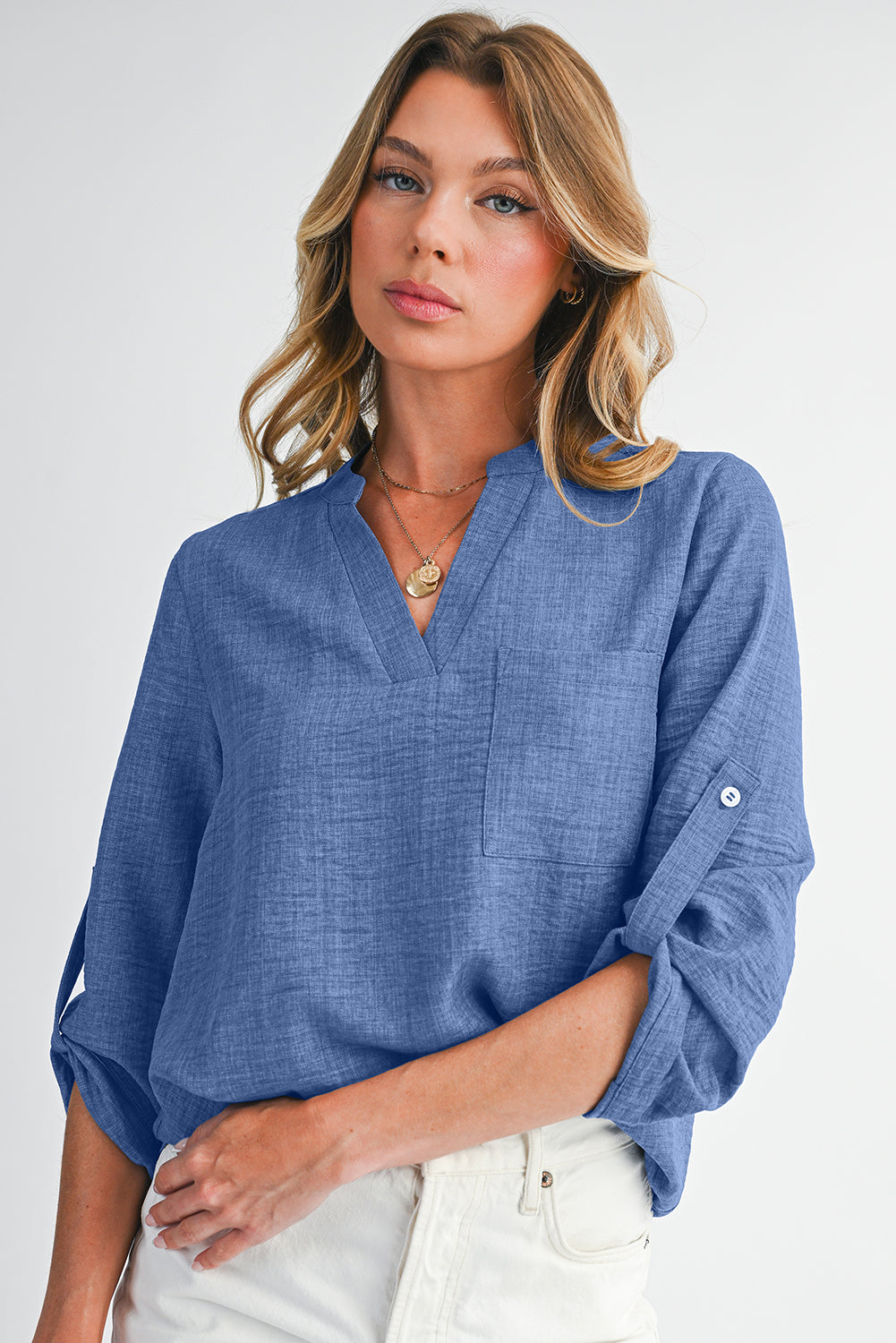 Ashleigh Blue Chest Pocket V Neck Plain Roll-up Sleeve Blouse