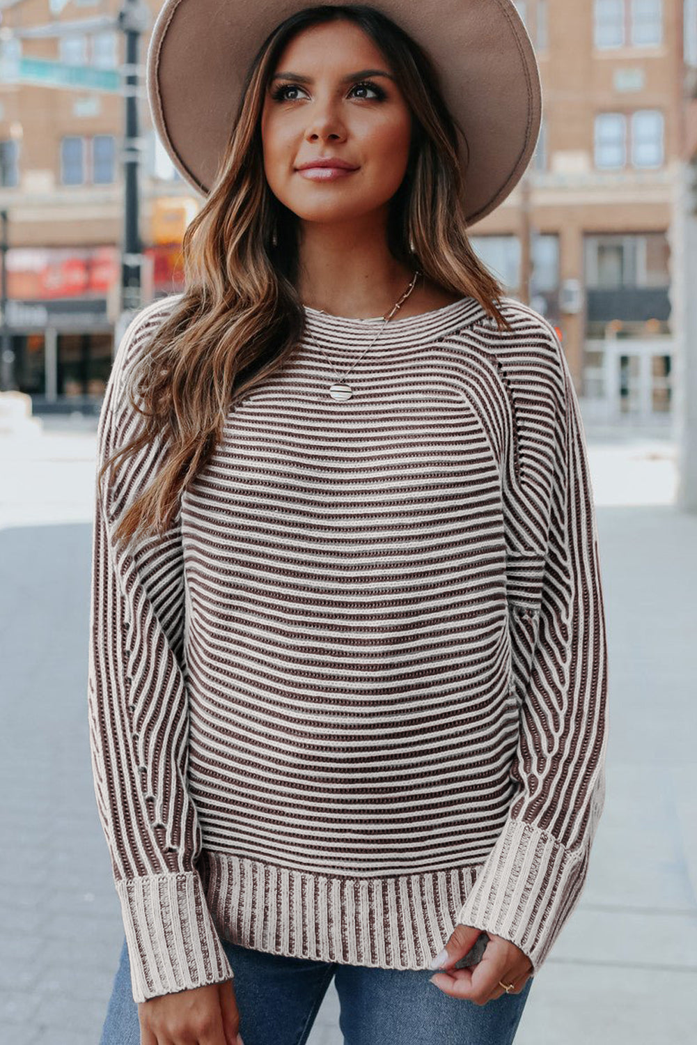 Coffee Striped Print Ribbed Knit Raglan Sleeve Baggy Sweater