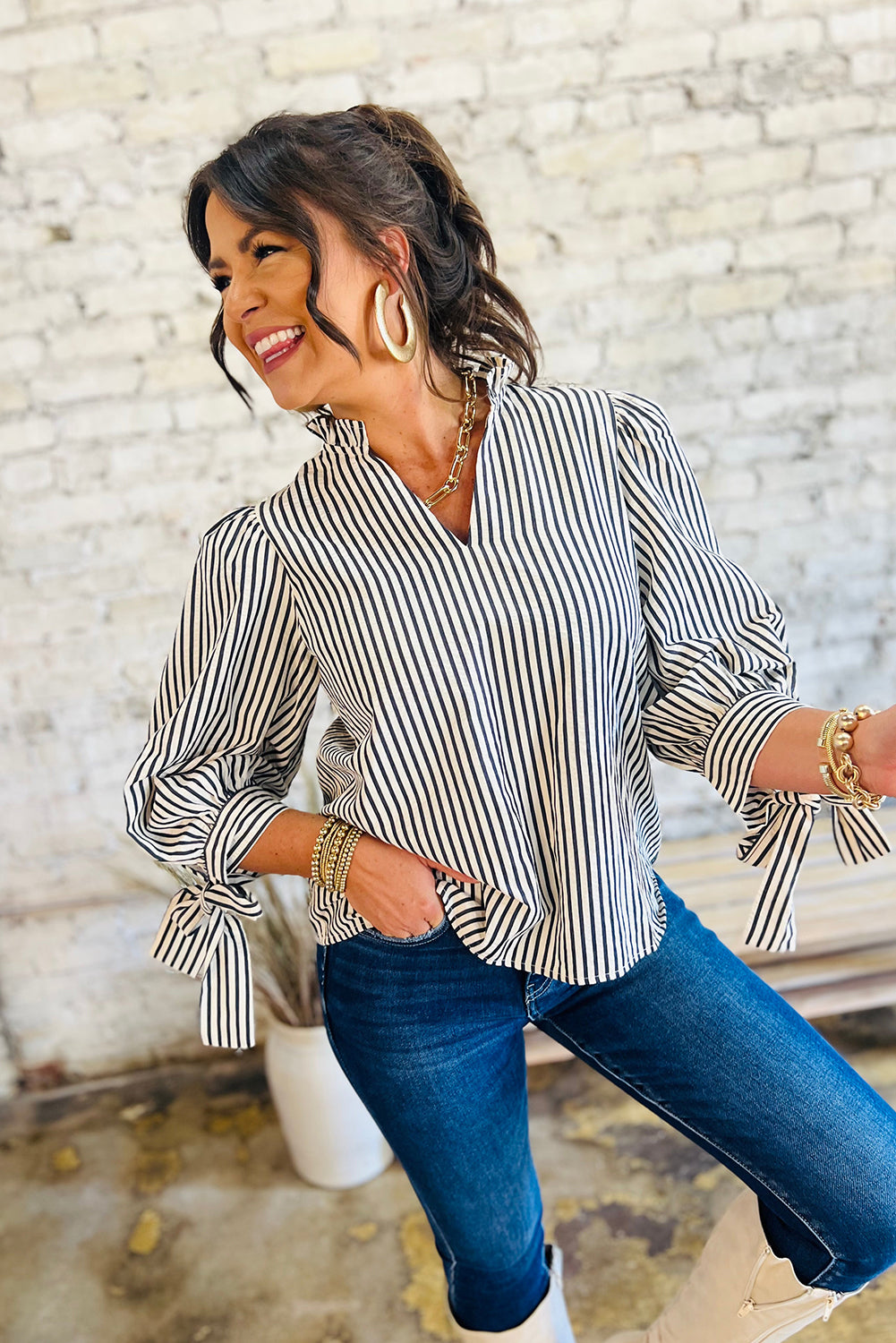 Black Stripe Frill V Neck Knot Cuffs Blouse