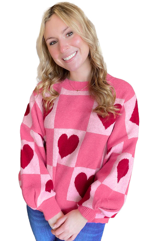 Pink Love Heart Checkered Valentine Knit Sweater