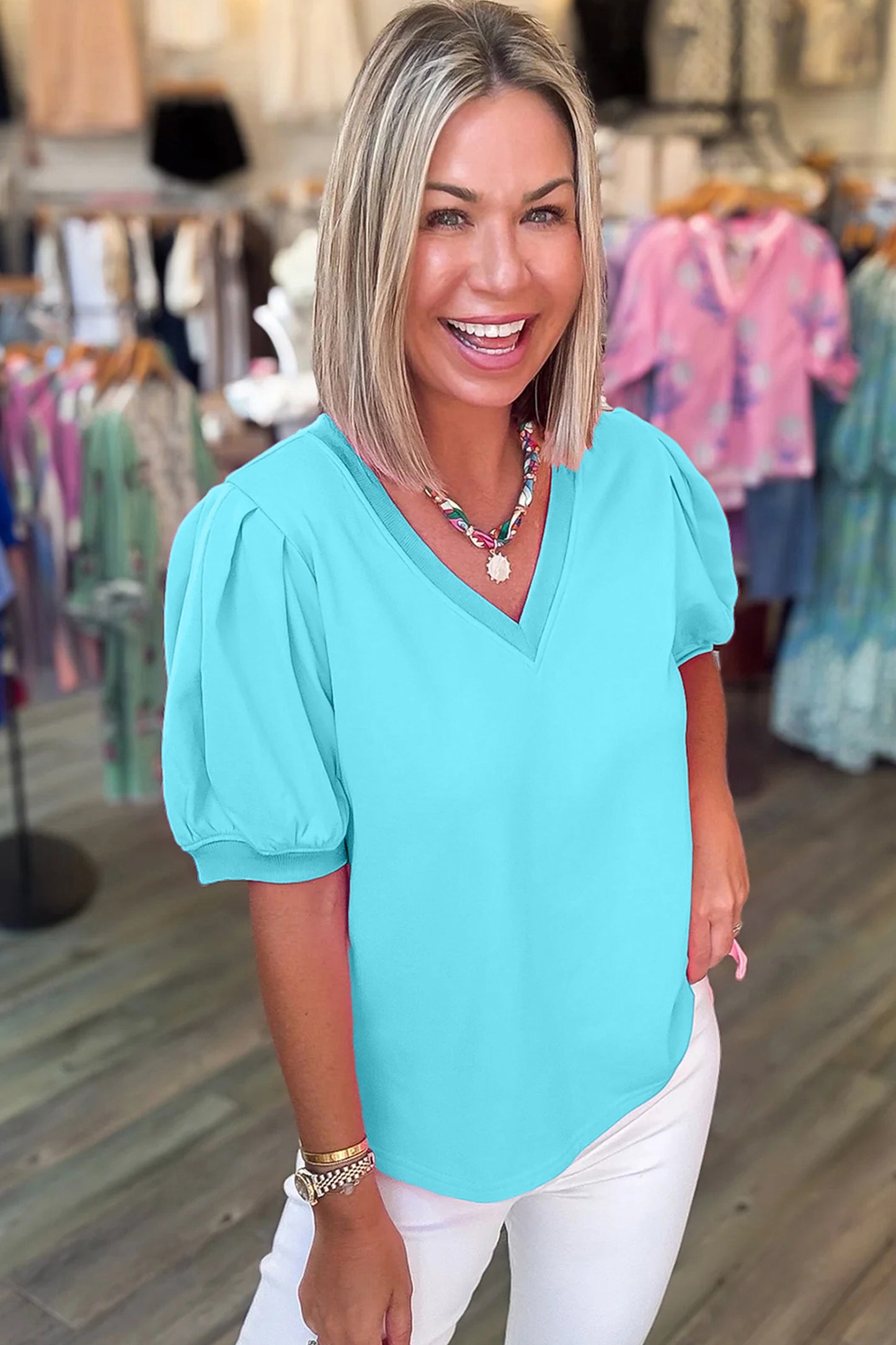 Mint Green Solid Color V Neck Short Puff Sleeve Blouse