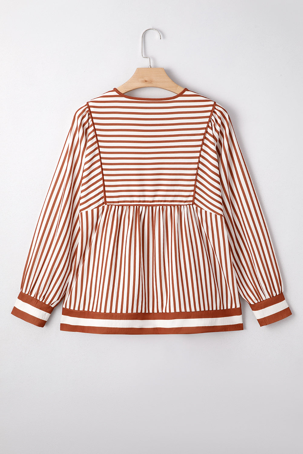 Brown Striped Drawstring V Neck Blouse