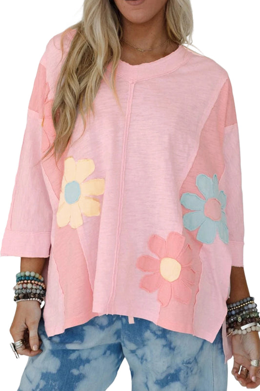 Pink Flower Patched Exposed Seam 3/4 Sleeve top