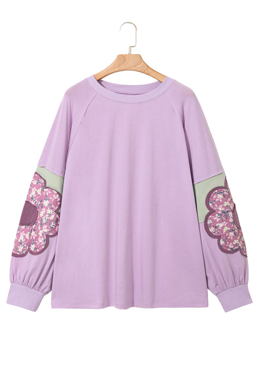 Phalaenopsis Flower Patched Colorblock Plus Size Pullover Top