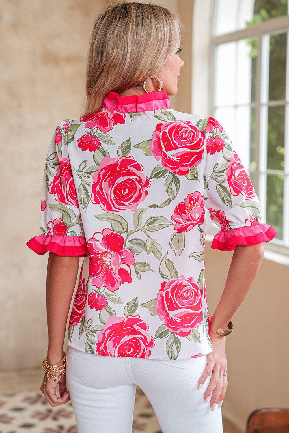 Rose Floral Print Ruffle Puff Sleeve Pop of Color Neckline Blouse
