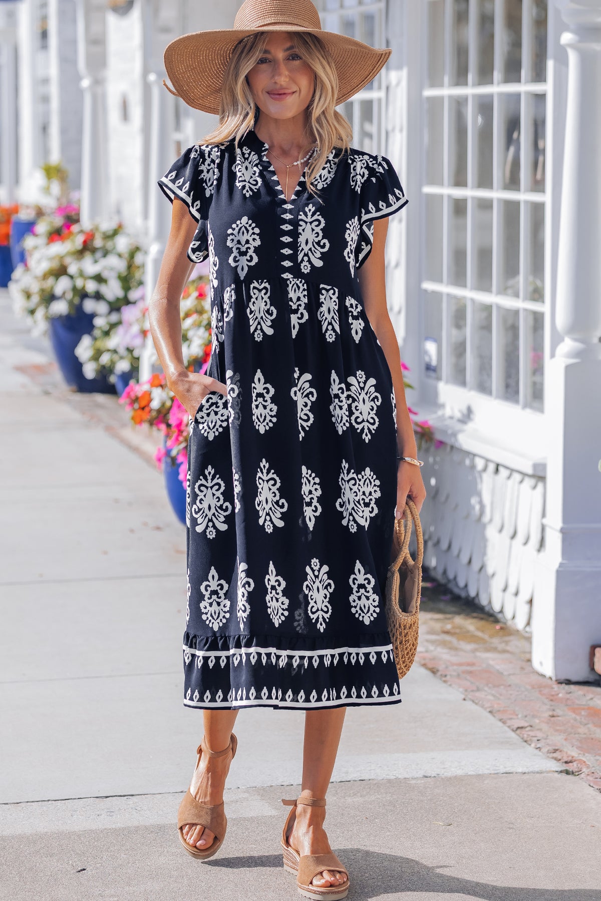 Blue Western Ethnic Print Notched Neck Short Sleeve Midi Dress