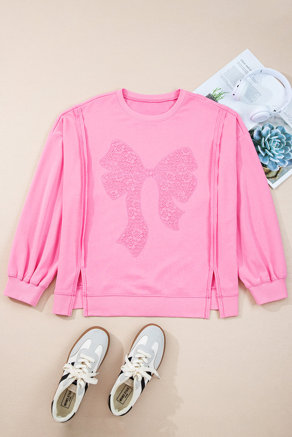 Pink Lace Bow Embroidered Dolman Sleeve Plus Size Sweatshirt