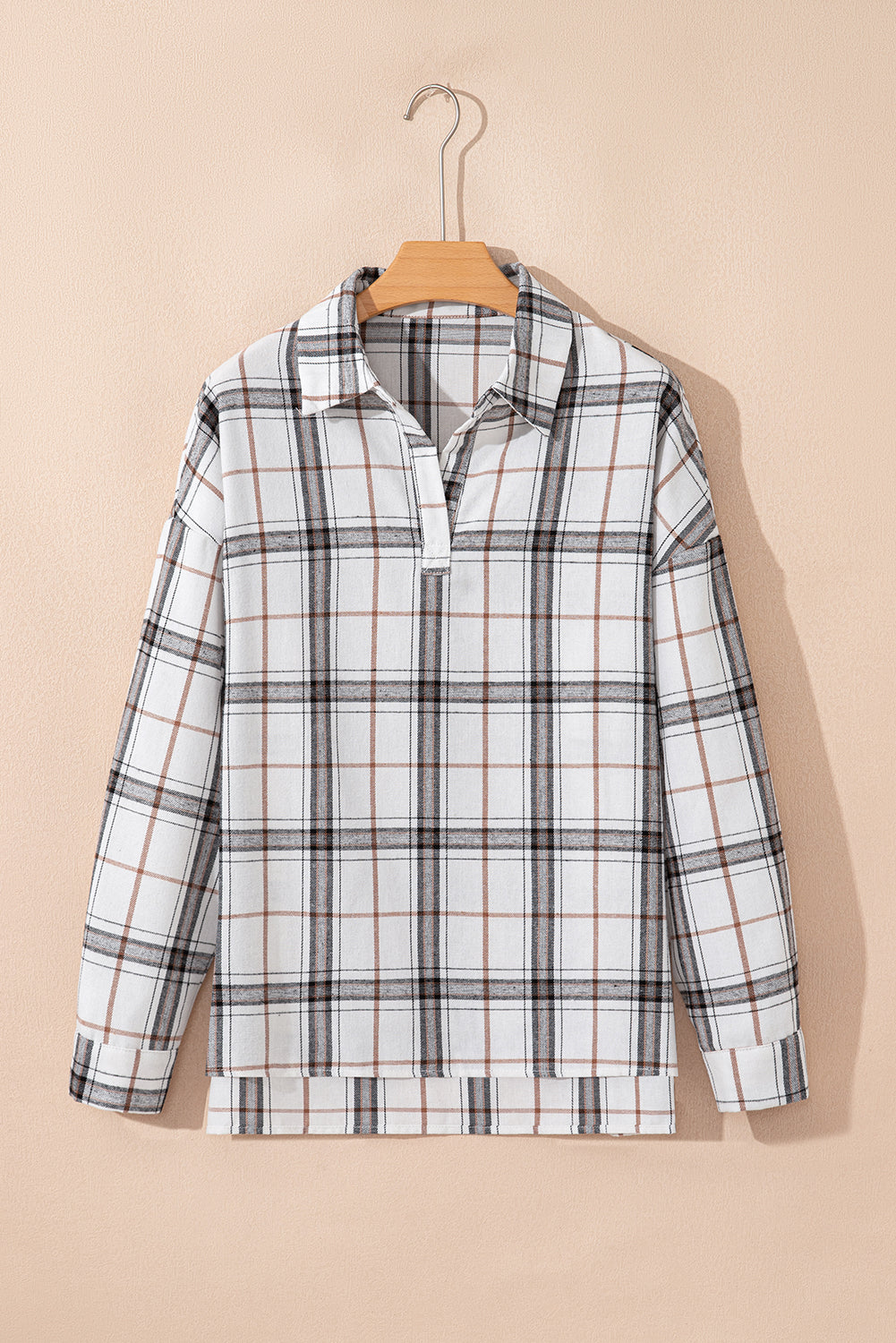 White Plaid Print Collared V Neck Loose Blouse with Side Slits