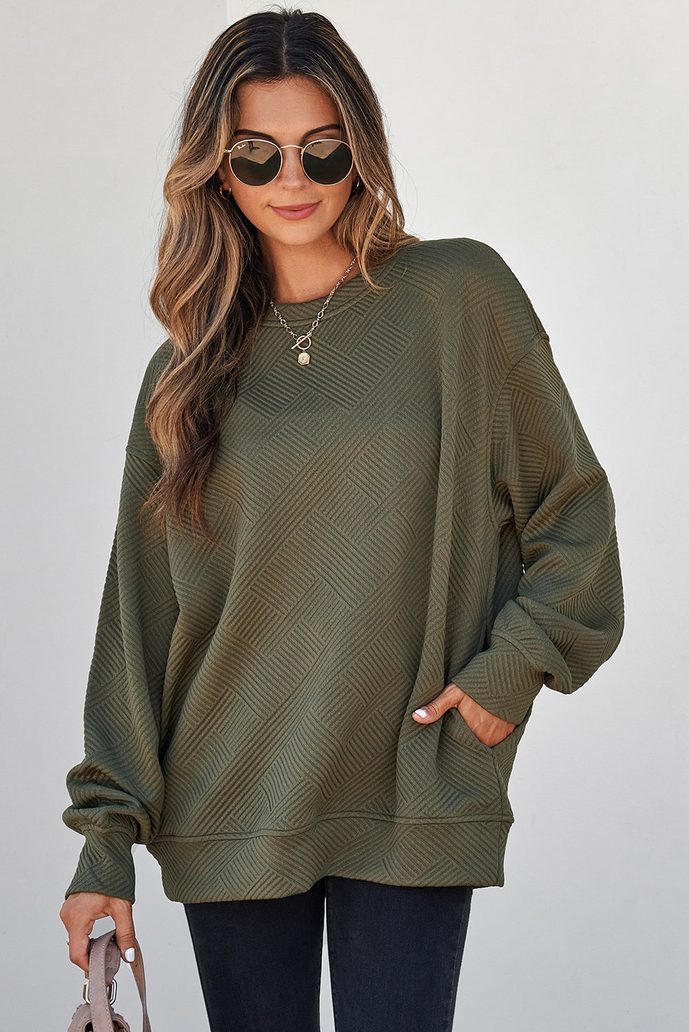 Jungle Green Solid Color Textured Round Neck Drop Shoulder Pullover Sweatshirt