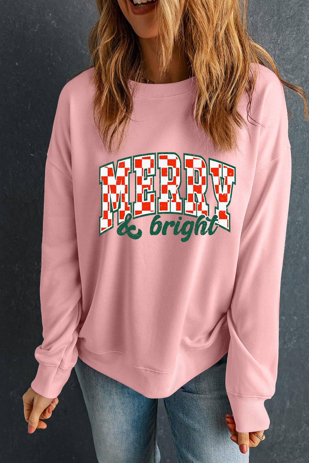 Pink MERRY & Bright Heat Transfer Printing Holiday Pullover Sweatshirt