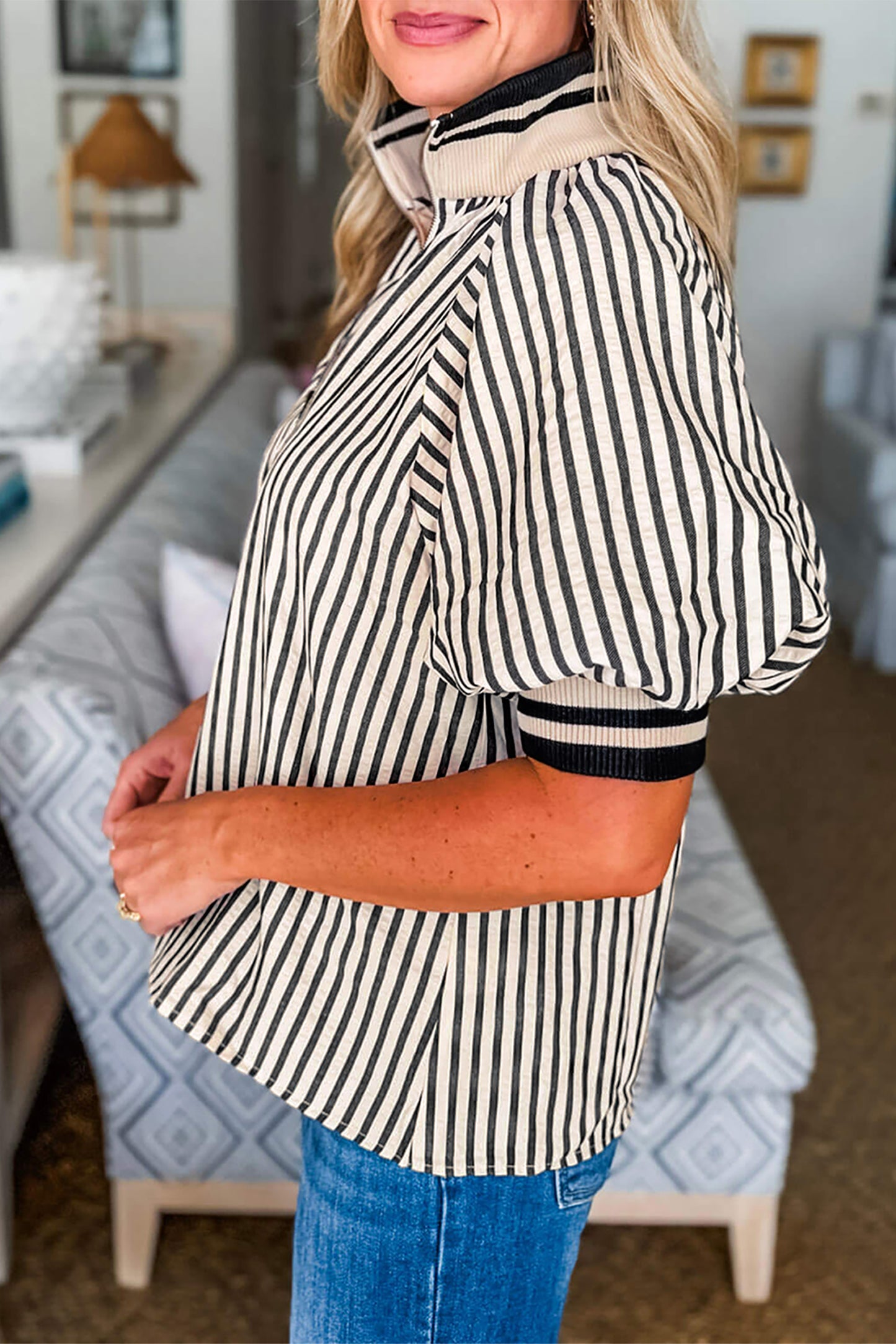Black Stripe Puff Sleeve Blouse