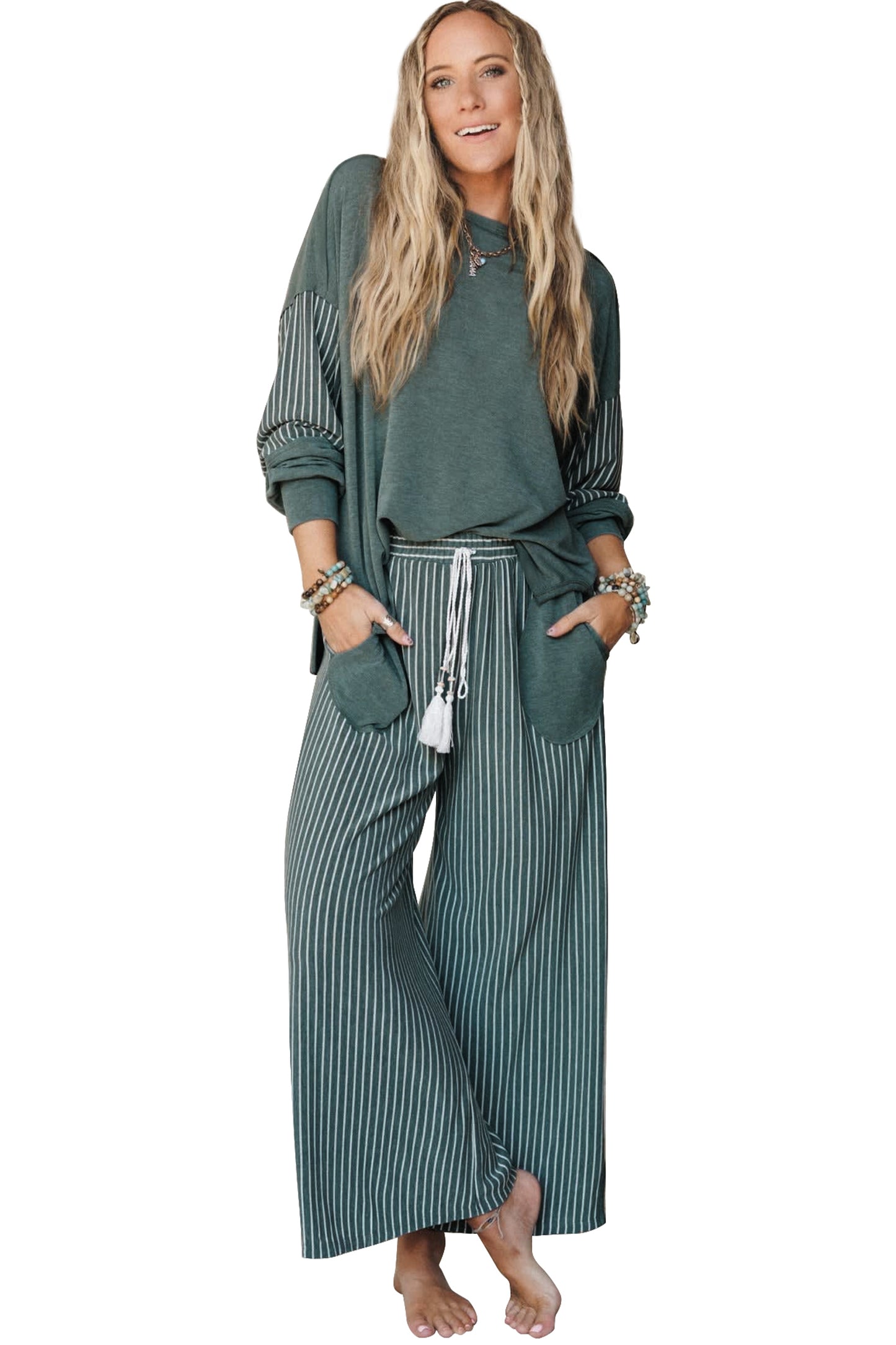 Fushia Raw Seam Patchwork Long Sleeve Top Pocket Casual Pants 2pcs Set