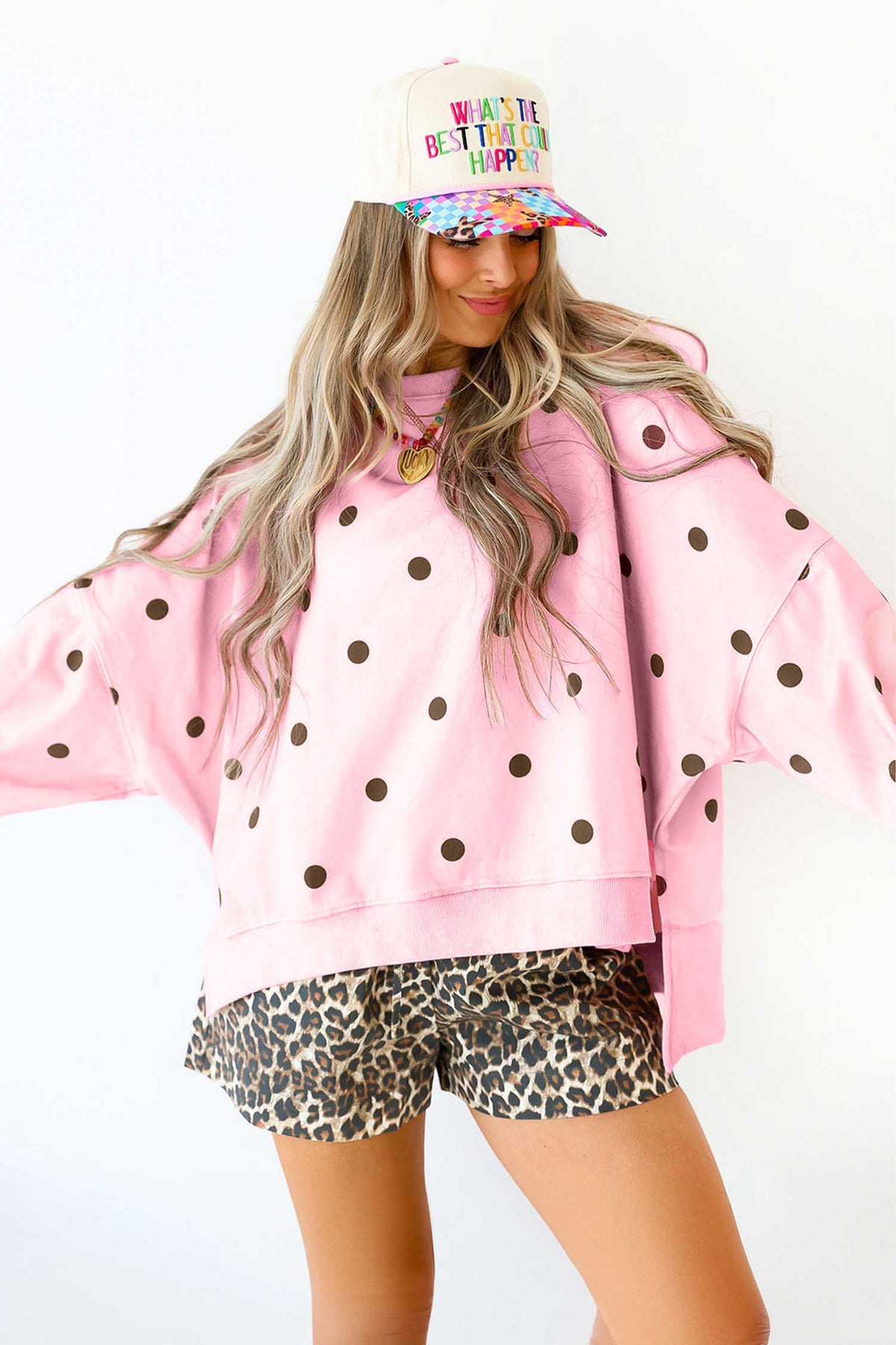 Beige Polka Dot Loose Long Sleeve Split Hem Pullover Top