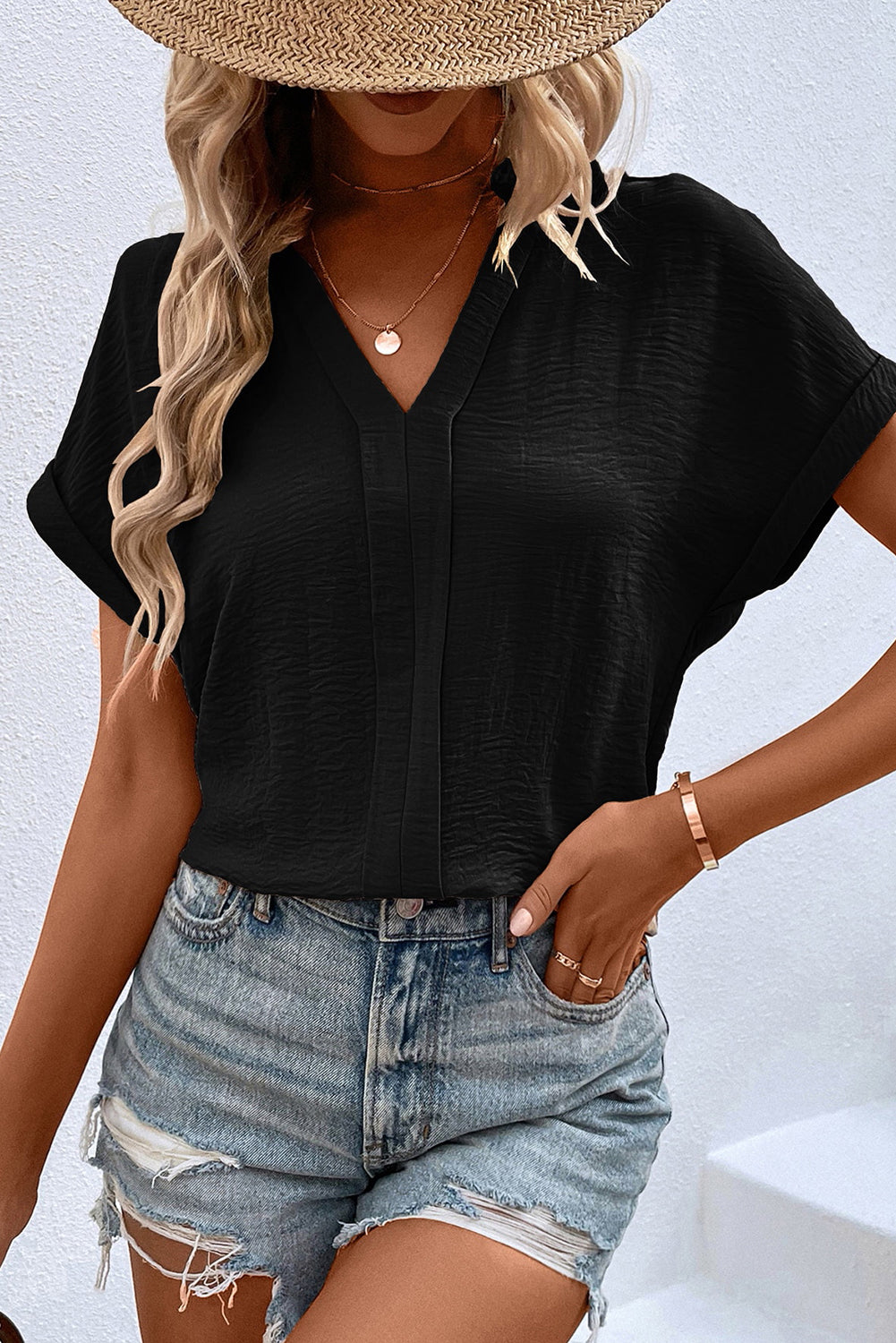 Black Notched Neck Batwing Sleeve Blouse