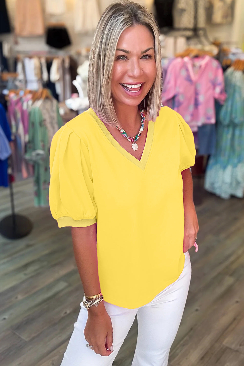 Mint Green Solid Color V Neck Short Puff Sleeve Blouse