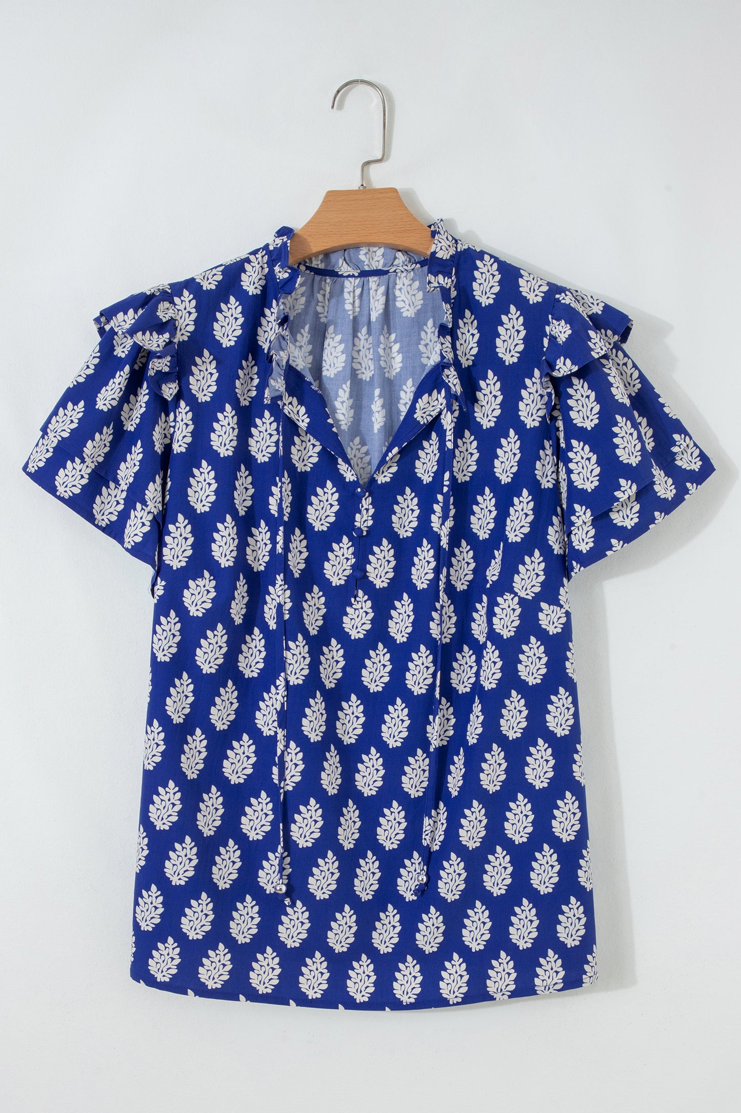 Blue Plus Size Botanical Print Tie V Neck Ruffle Short Sleeve Blouse