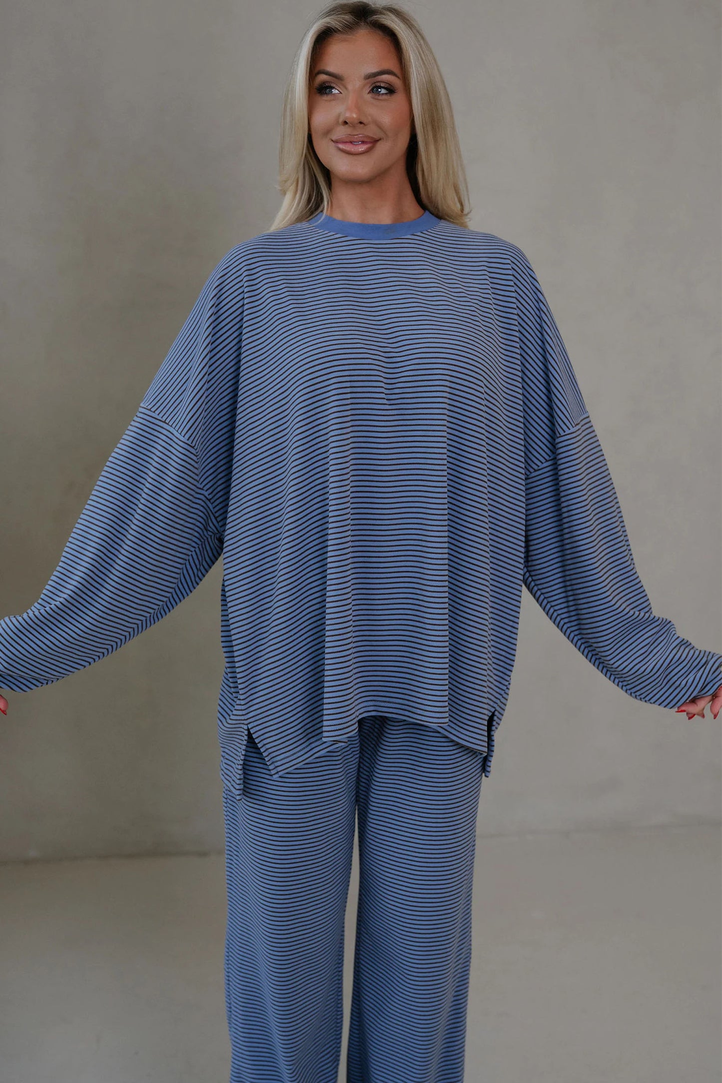 Pink Striped Drop Shoulder Long Sleeve Pant Set