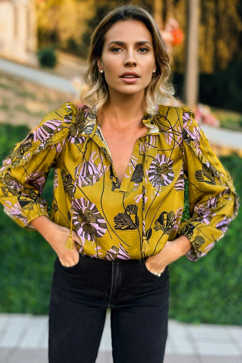 Yellow Vintage Floral V Neck Ruffle Trim Long Sleeve Blouse