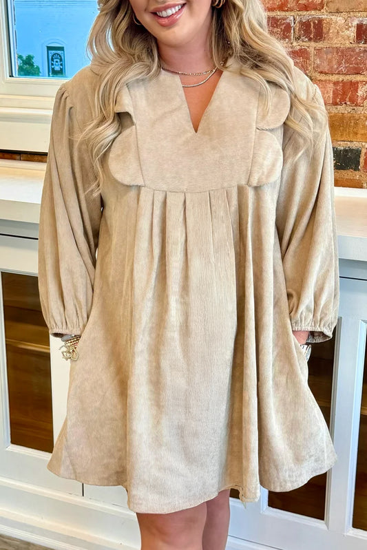 Parchment Notched Neck Scallop Detail Plus Size Mini Dress