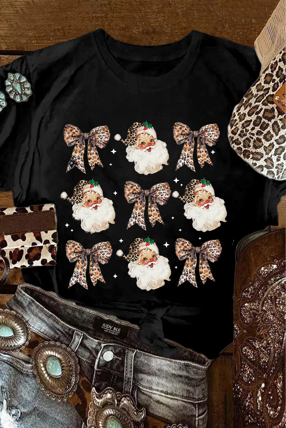 Black Santa Claus Leopard Bow Heat Transfer Printing Crew Neck Casual T Shirt