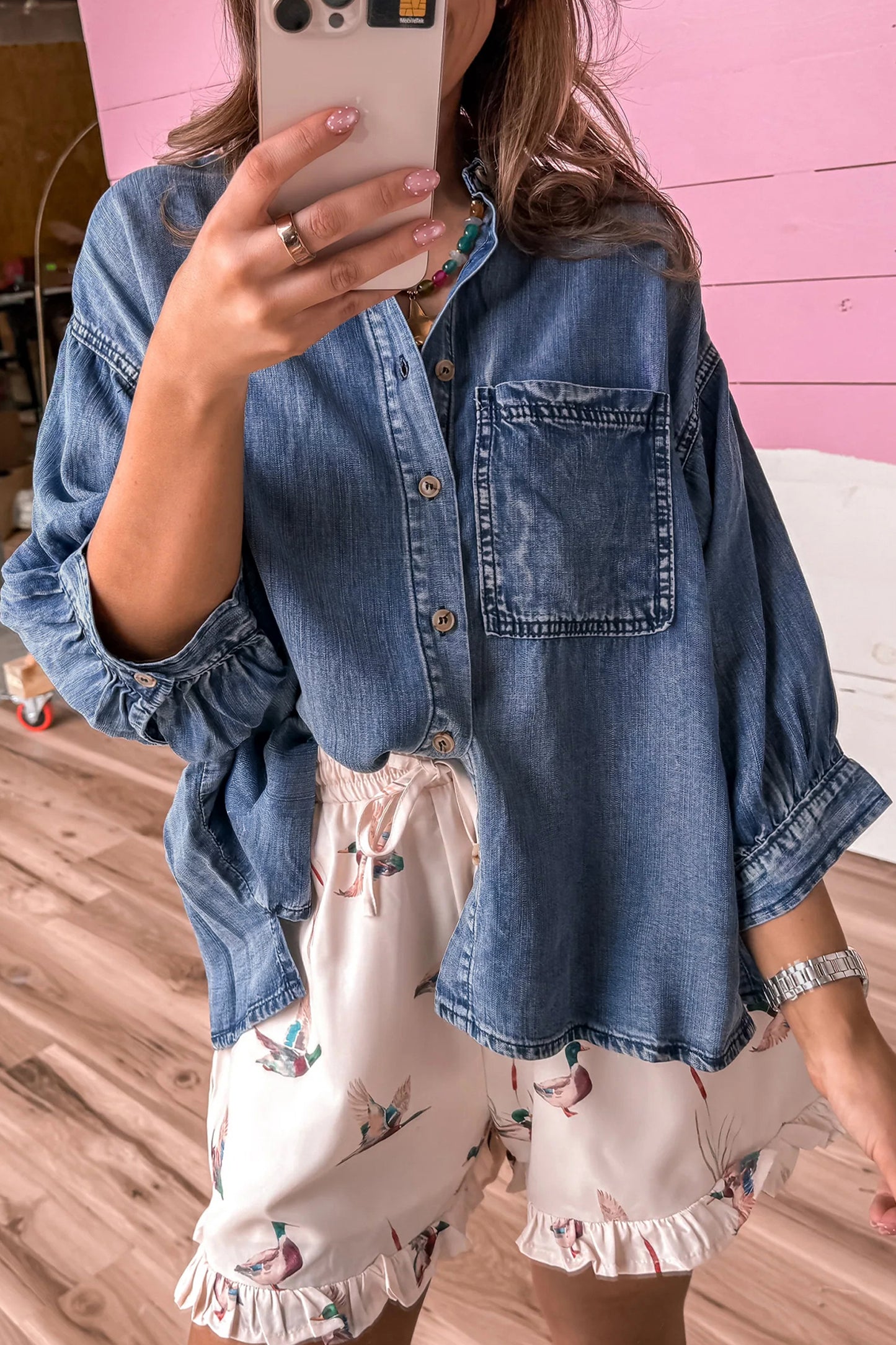 Dusk Blue Three Quarter Sleeve Button Front Loose Denim Shirt