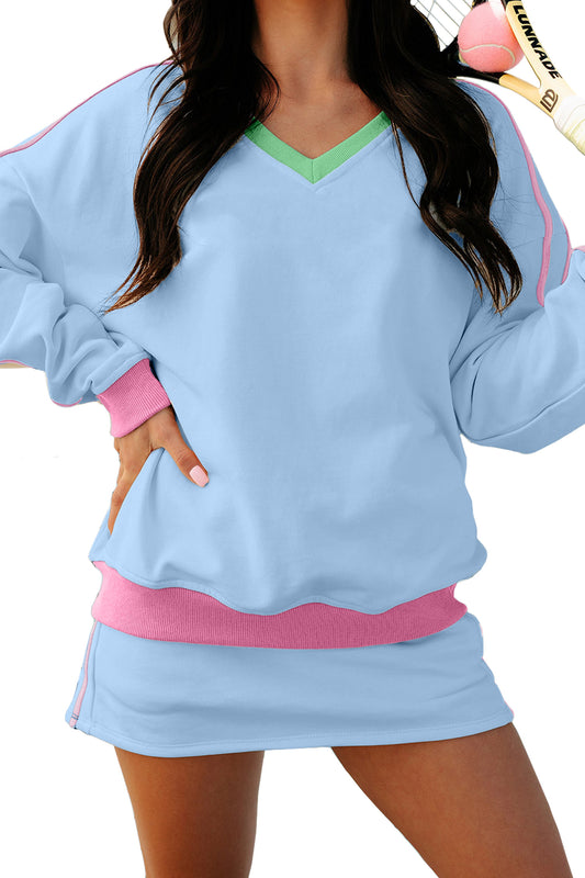 Sky Blue Ribbed Colorblock Trim V Neck Sporty Pullover Mini Skort 2pcs Athleisure Set