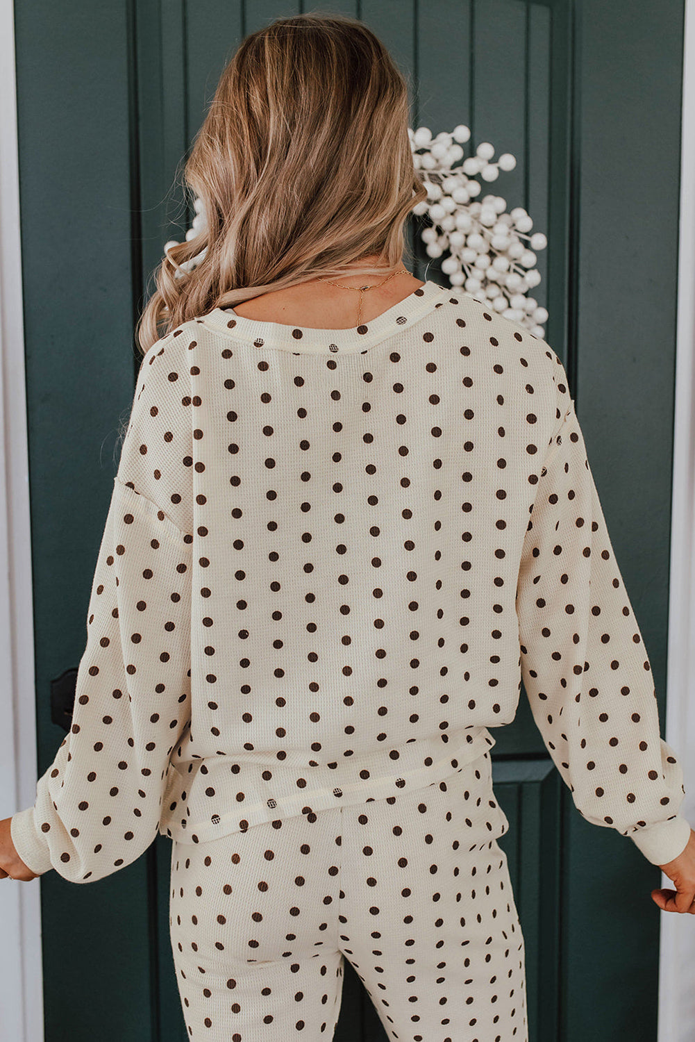 White Polka Dot Print Pullover Drawstring Jogger Pants Pajama Set