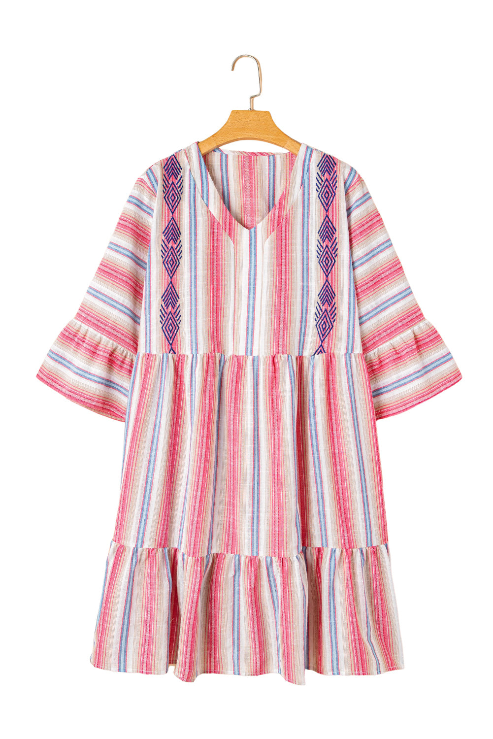 White Stripe Geometric Detail Flared 3/4 Sleeve V Neck Plus Dress