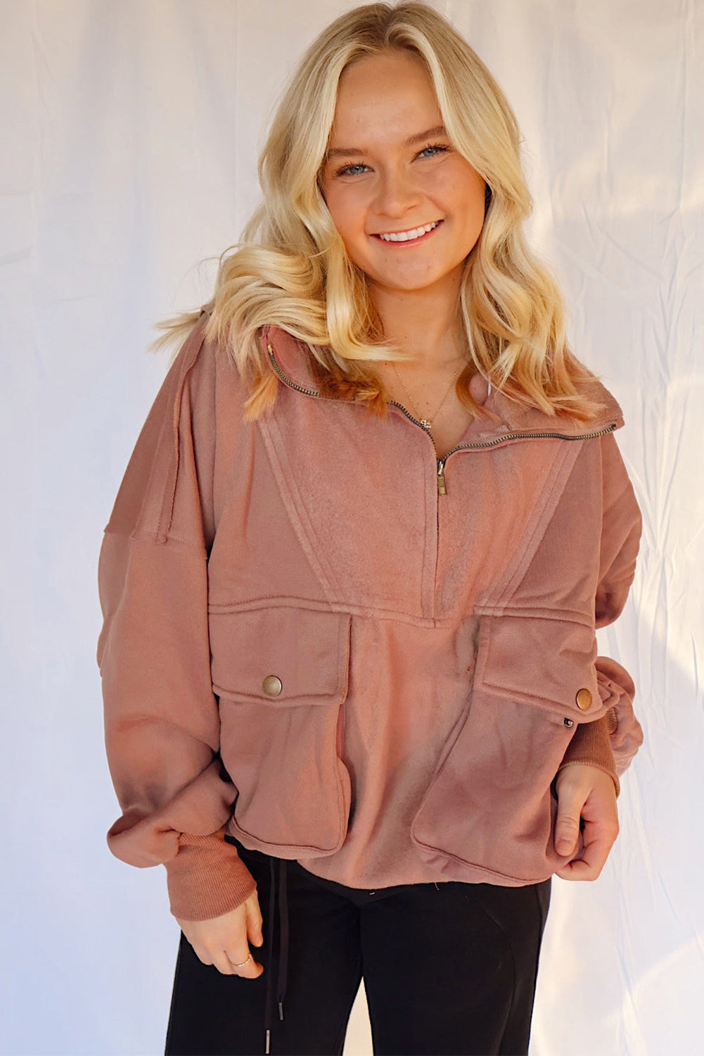 Camel Exposed Seam Side Pockets Half Zipper Baggy Sweatshirt