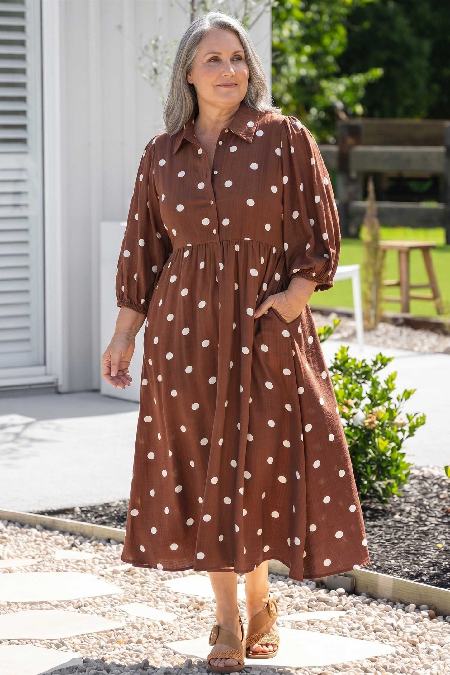 Brown Polka Dot V Neck Abdomen Pocket Gathered Cuffs Long Sleeve Shift Plus Size Dress