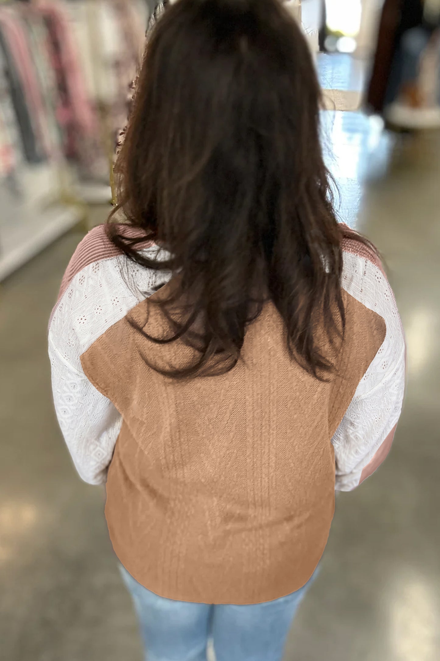 Coffee V Neck Lace Sleeve Patchwork Plus Size Blouse