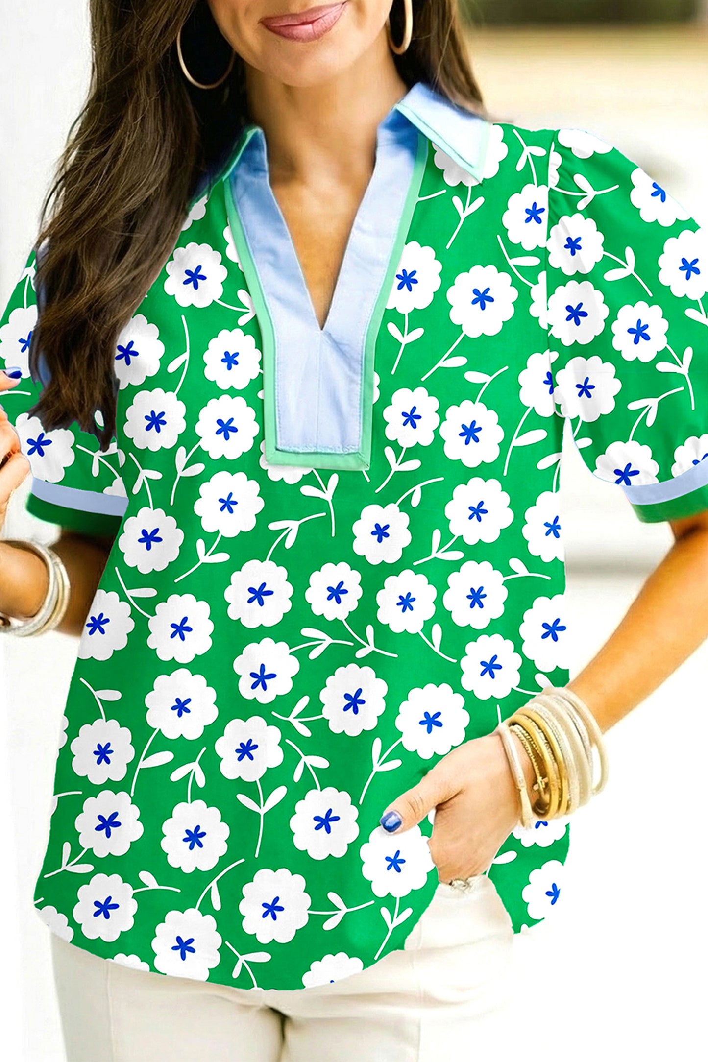 Green Flower Printed Contrast Patchwork Collar Short Sleeve Blouse