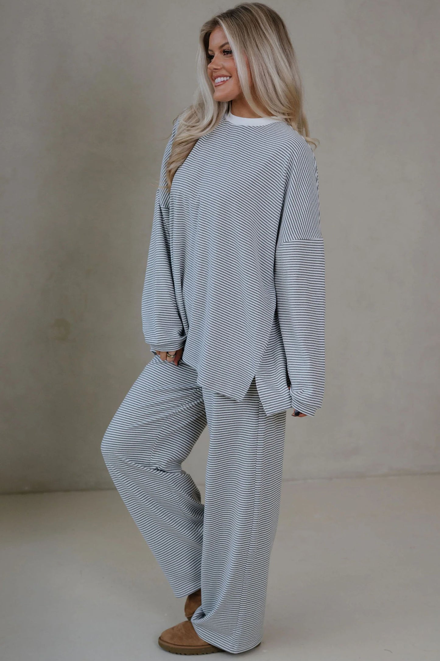 Pink Striped Drop Shoulder Long Sleeve Pant Set