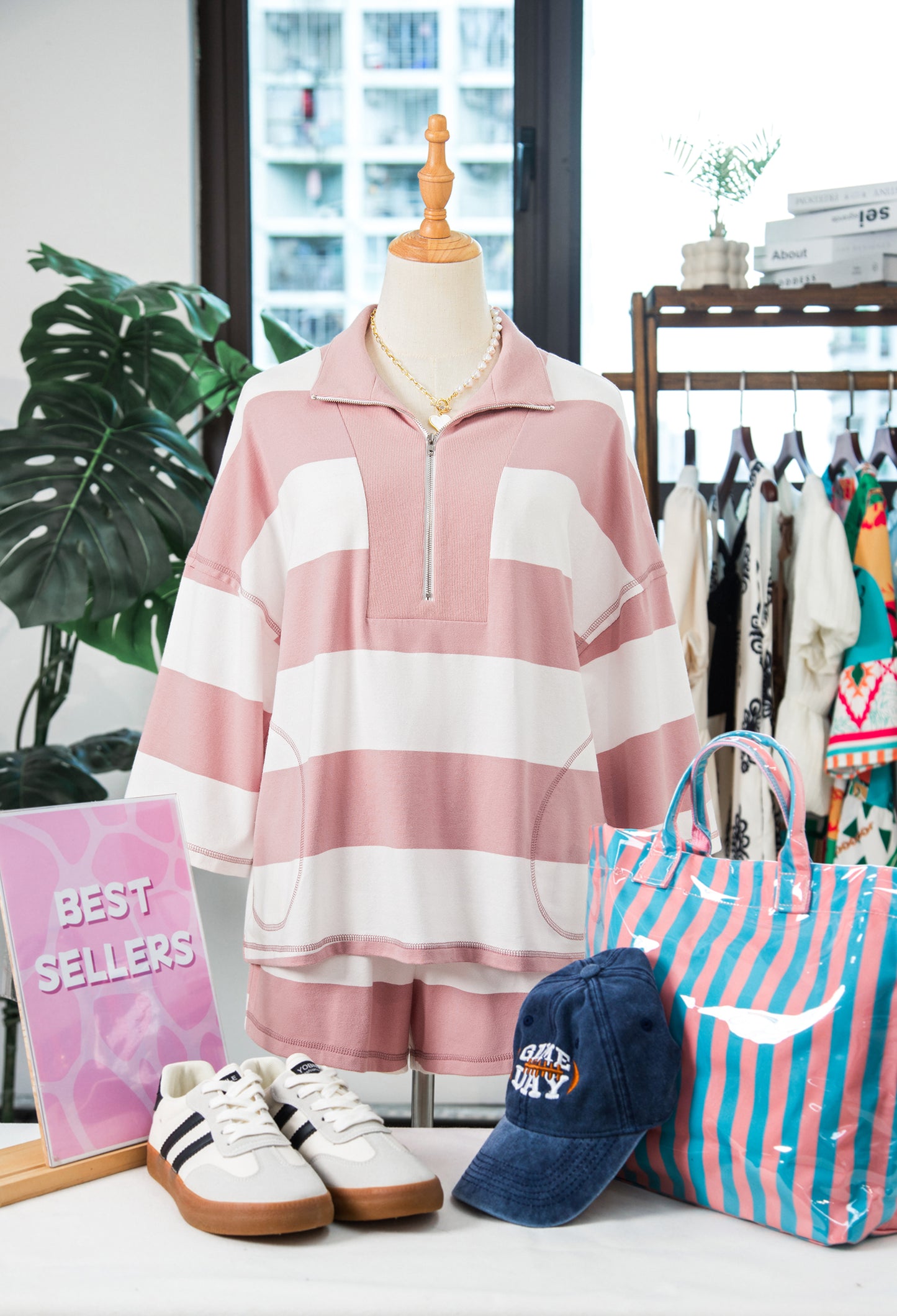 Pink Stripe Half Zip Bracelet Sleeve Top Casual Short Set